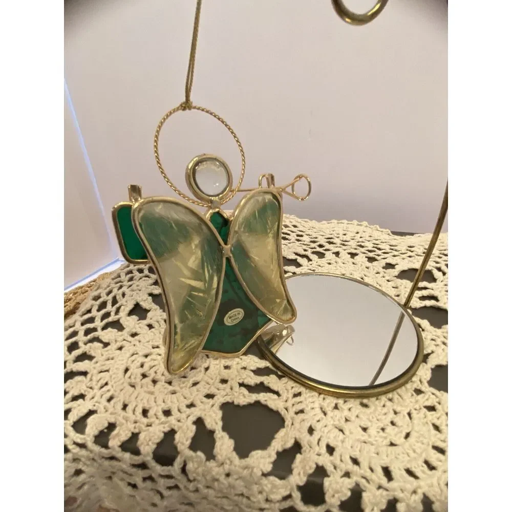 VTG Green Stained Glass Angel Ornament Sun Catcher Gold Metal Trim 5